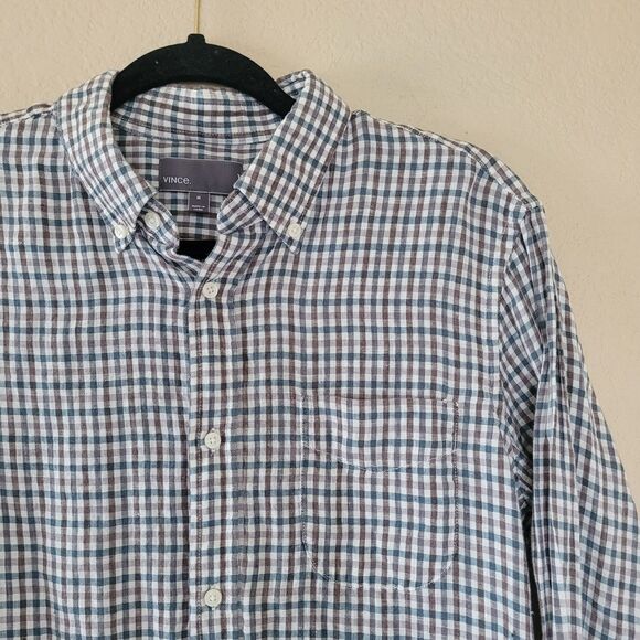Vince 100% Linen Tattersall Button Front Shirt Mens Med Long Sleeve Lightweight - Picture 4 of 5